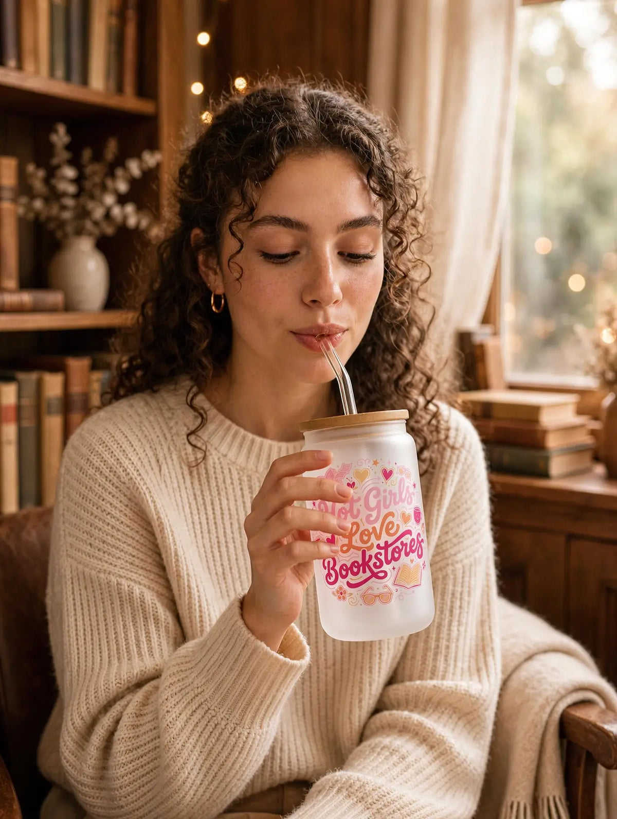 Hot Girls Love Bookstores Frosted Glass Cup  + Lid & Straw 2