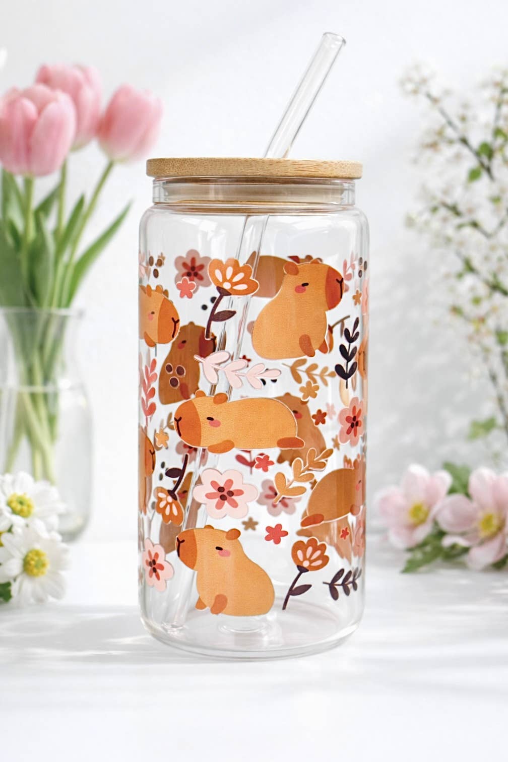 Capybara Blossom Double Sided Glass Tumbler with Lid & Straw