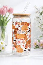 Capybara Blossom Double Sided Glass Tumbler with Lid & Straw