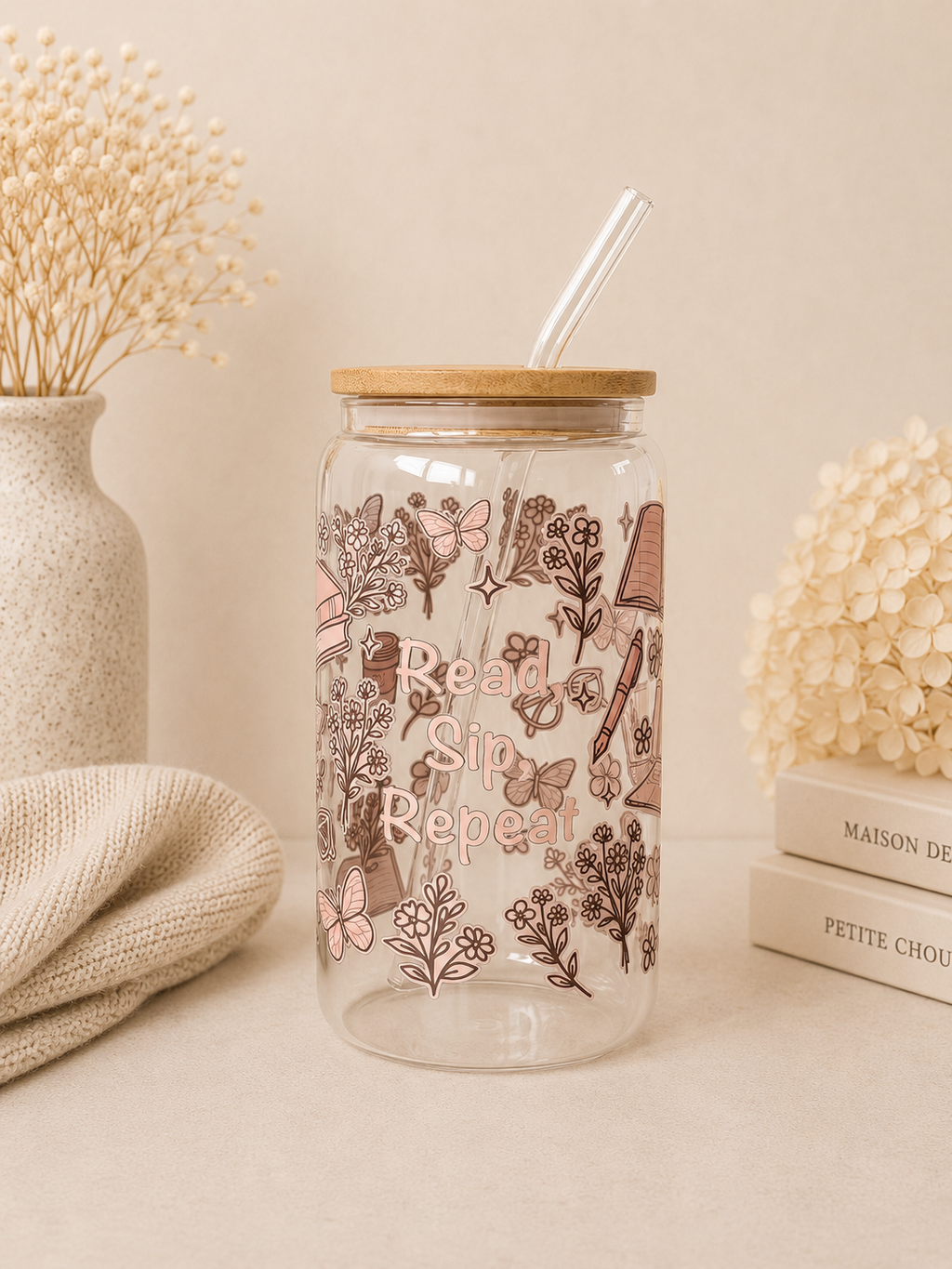 Read, Sip, Repeat Double Sided Glass Cup + Lid and Straw