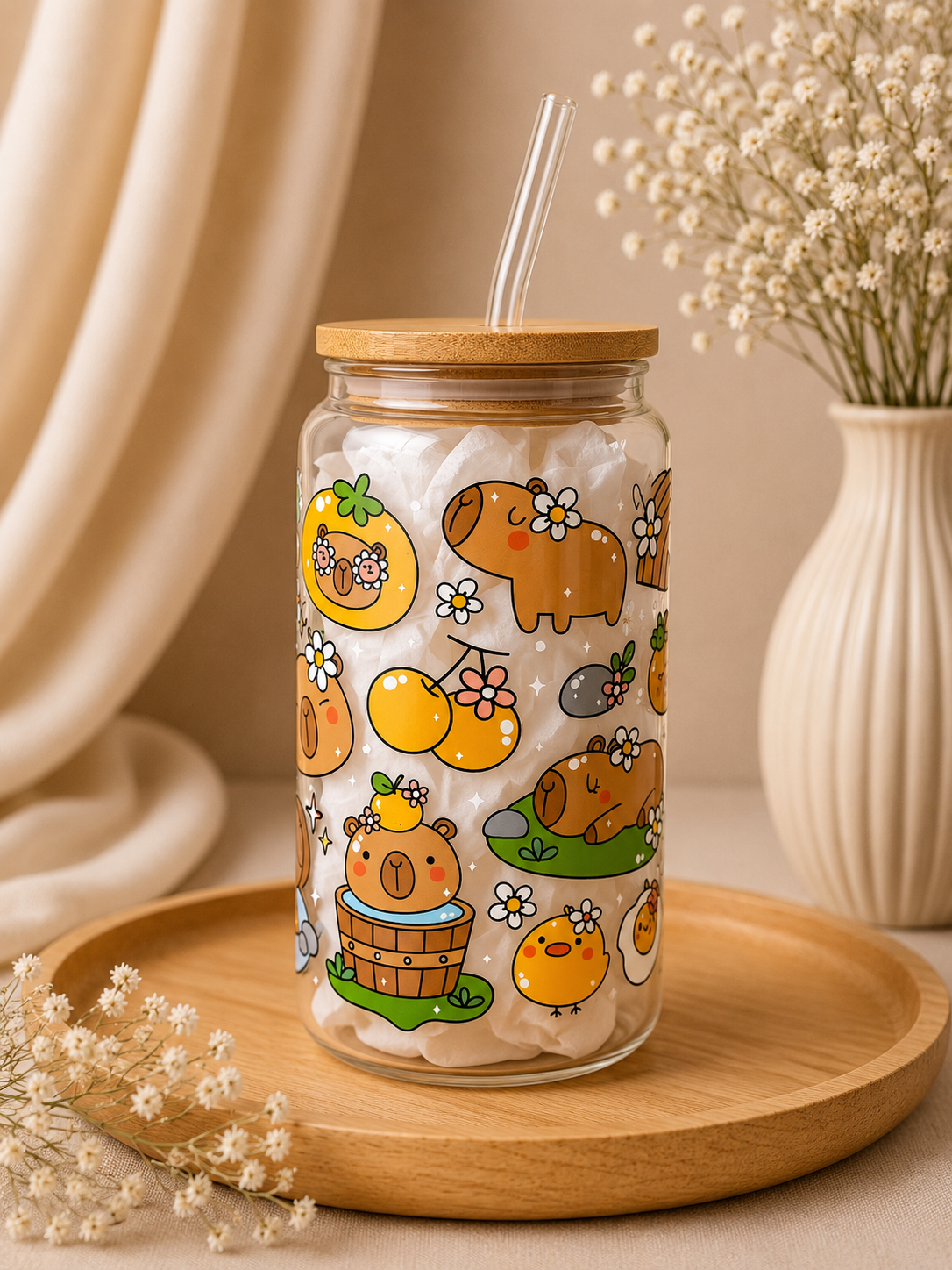 Sunny Capybara Double Sided Glass Tumbler + Lid & Straw 2
