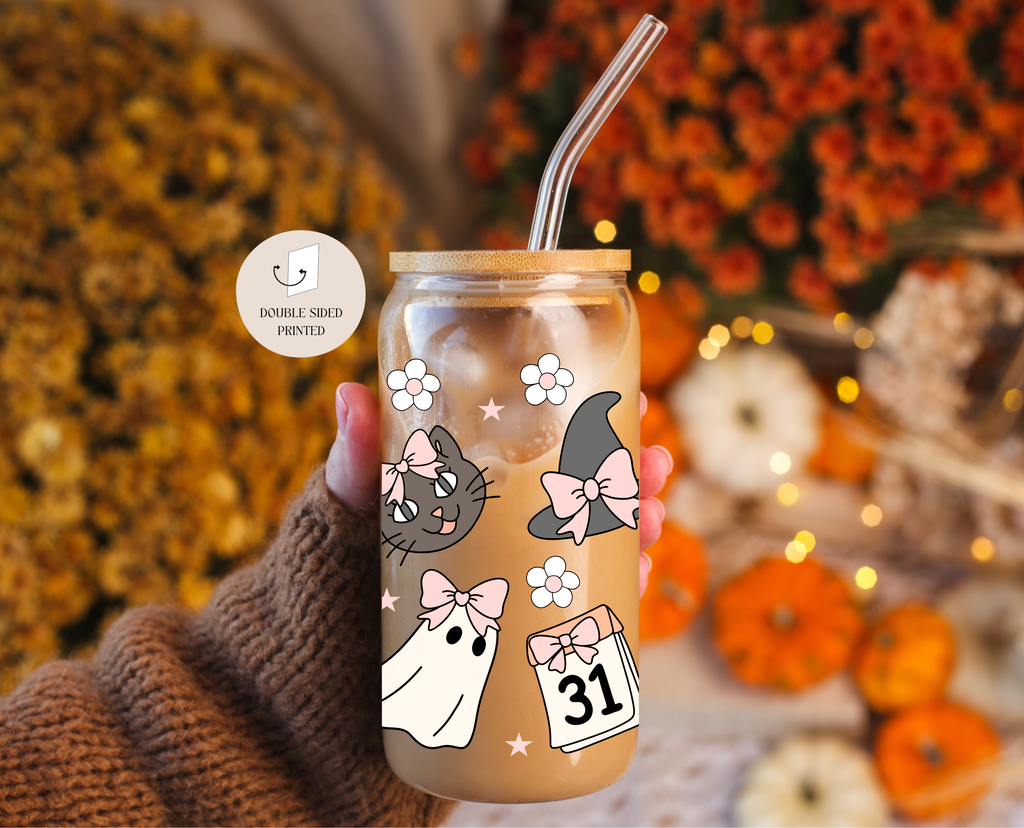 Cat & Ghosts Halloween Glass Cup Double-sided + Lid & Straw