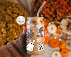 Cat & Ghosts Halloween Glass Cup Double-sided + Lid & Straw