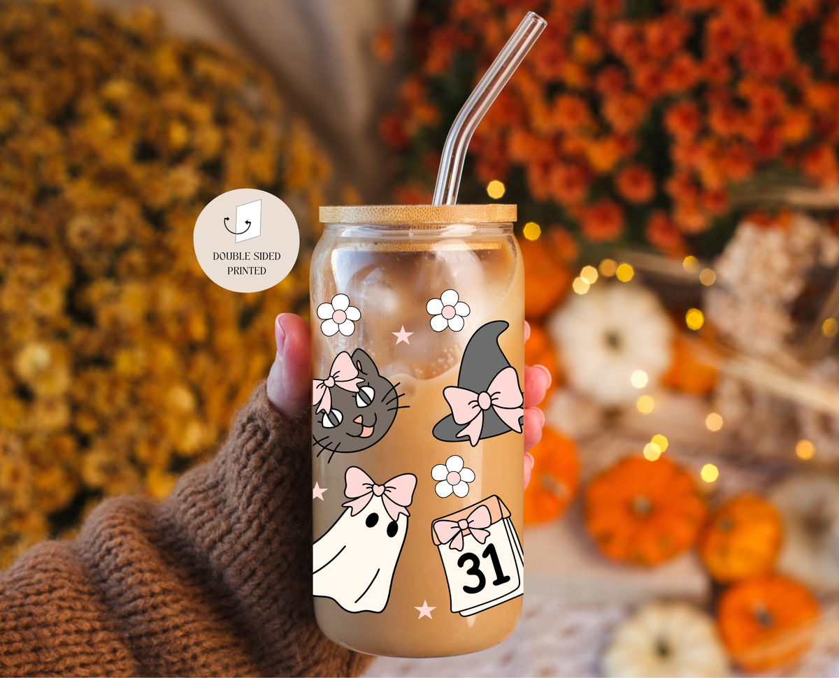 Cat & Ghosts Halloween Glass Cup Double-sided + Lid & Straw