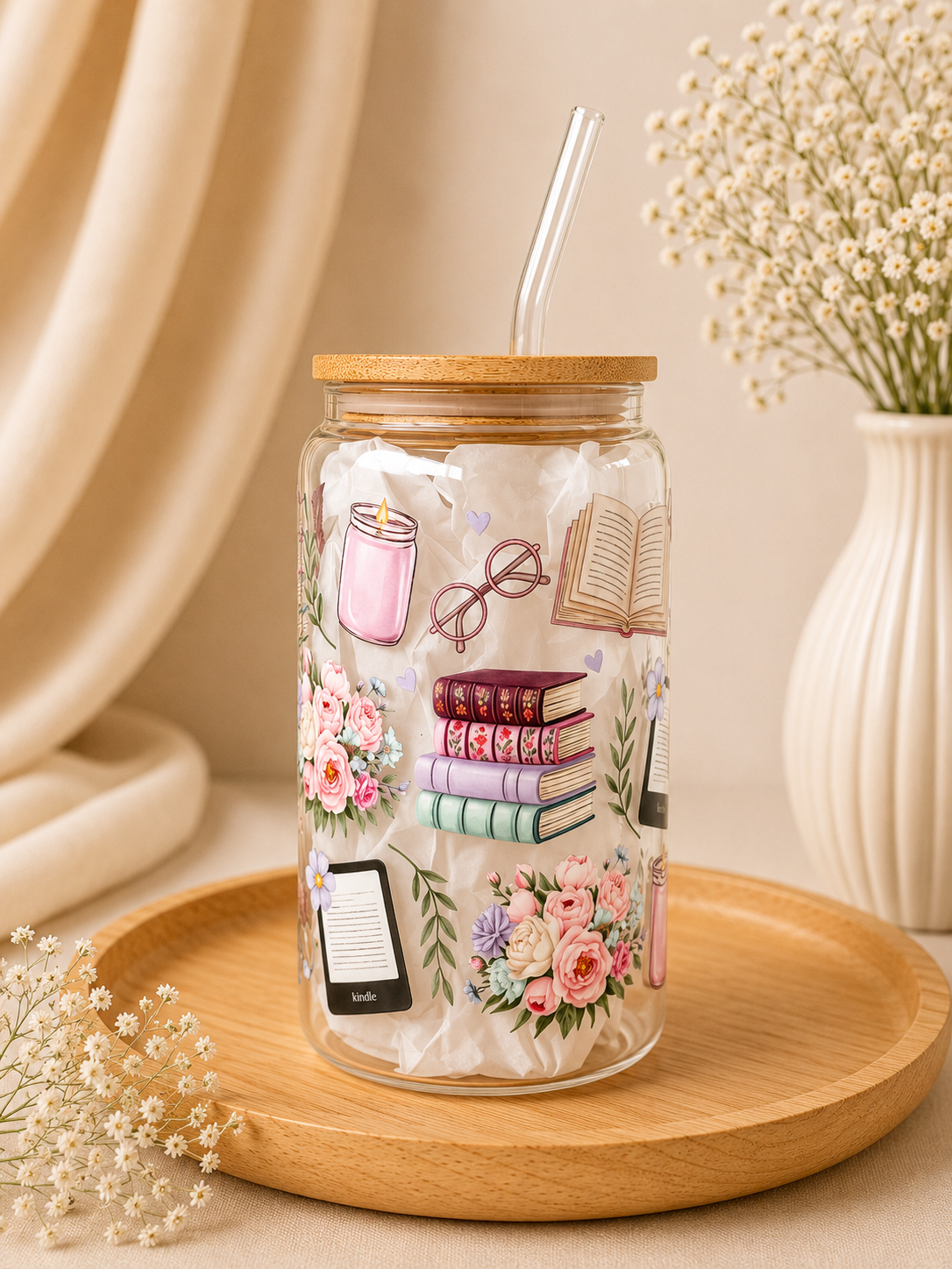 Bookish Floral Kindle Double Sided Glass Cup + Lid & Straw