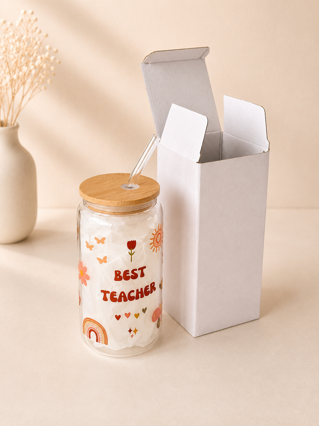Best Teacher Gift Double Sided Glass Tumbler + Lid & Straw 3
