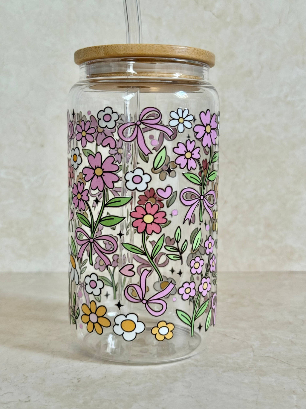 Flowers Outlined Glass Tumbler with Bamboo Lid & Glass Straw 4