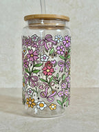 Flowers Outlined Glass Tumbler with Bamboo Lid & Glass Straw 4