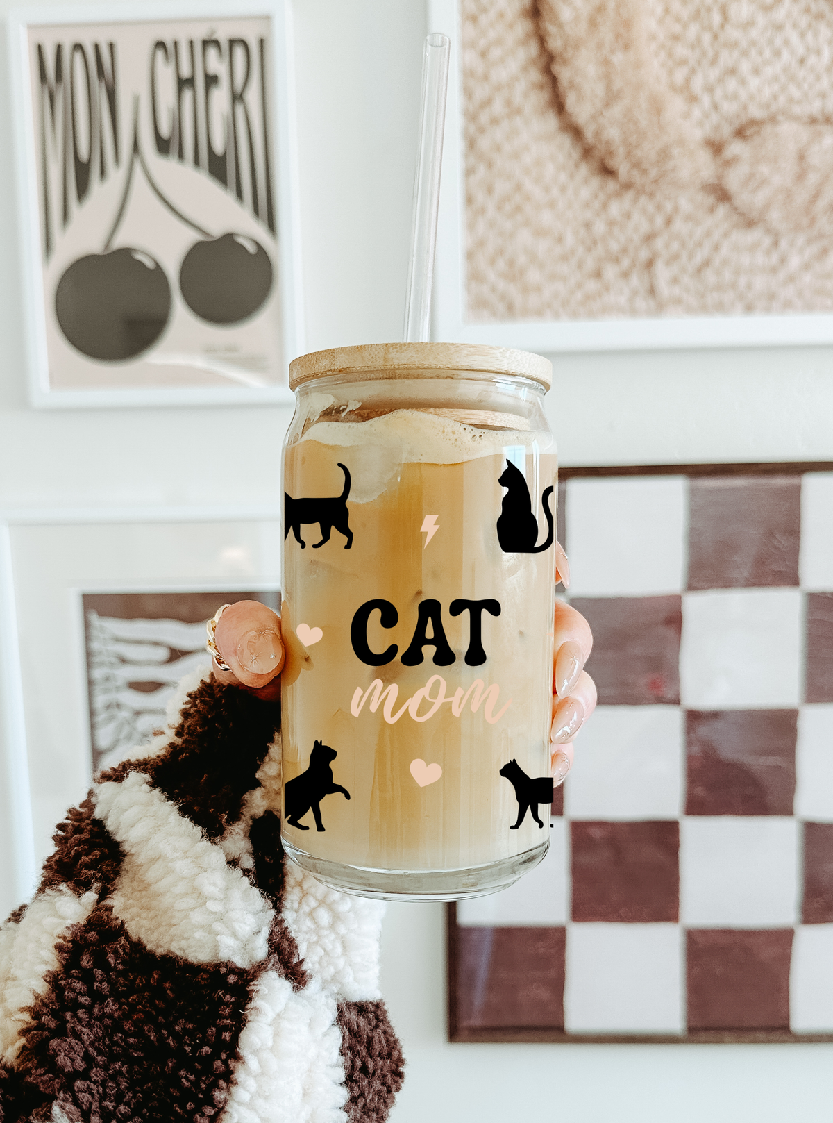 Cat Mom Glass Tumbler with Bamboo Lid & Glass Straw 2
