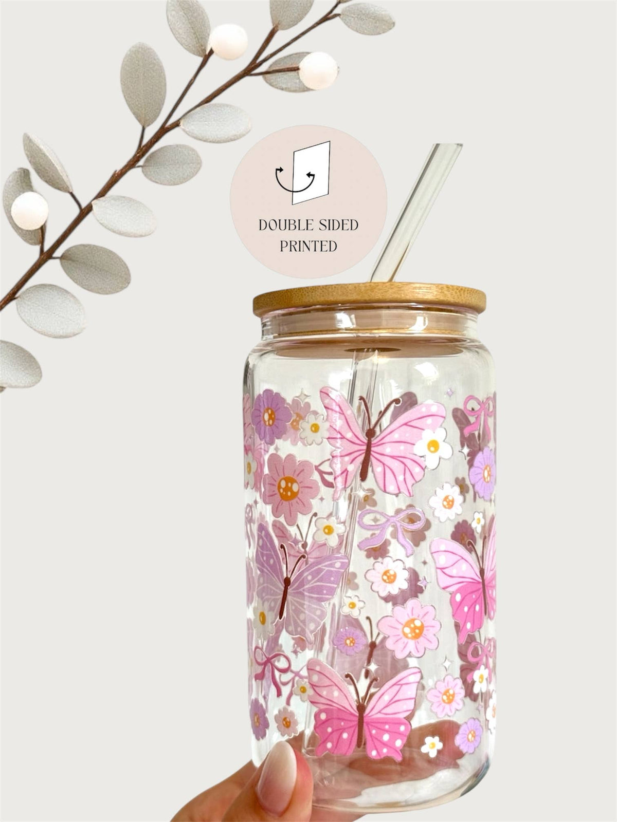 Butterflies Glass Tumbler Pink & Purple +Bamboo Lid & Straw 2