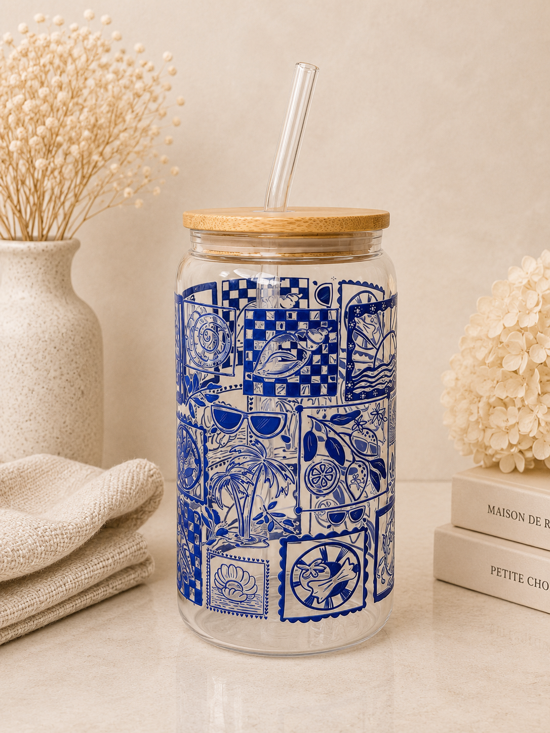 A Summer in Greece Double Sided Glass Tumbler + Lid & Straw 2
