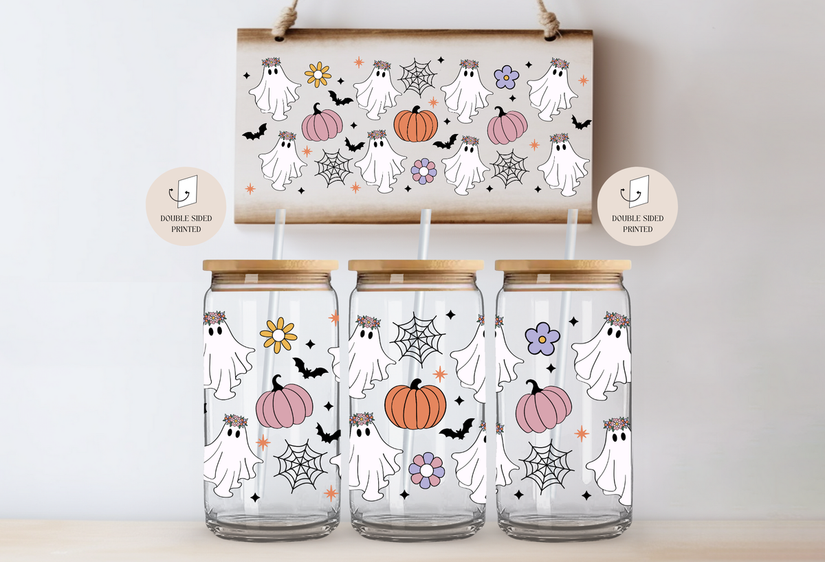 Ghosts, Pumpkins & Bats Floral Glass Tumbler + Lid & Straw 2