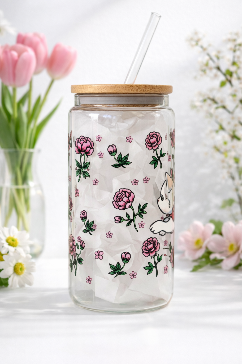 Cat Tea Party Double Side Print Glass Tumbler + Lid & Straw 2