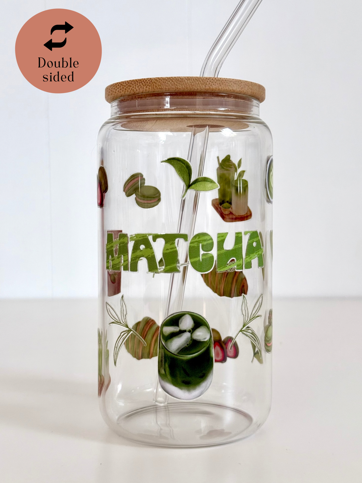 Matcha Glass Tumbler Double Sided Print with Lid and Straw 3