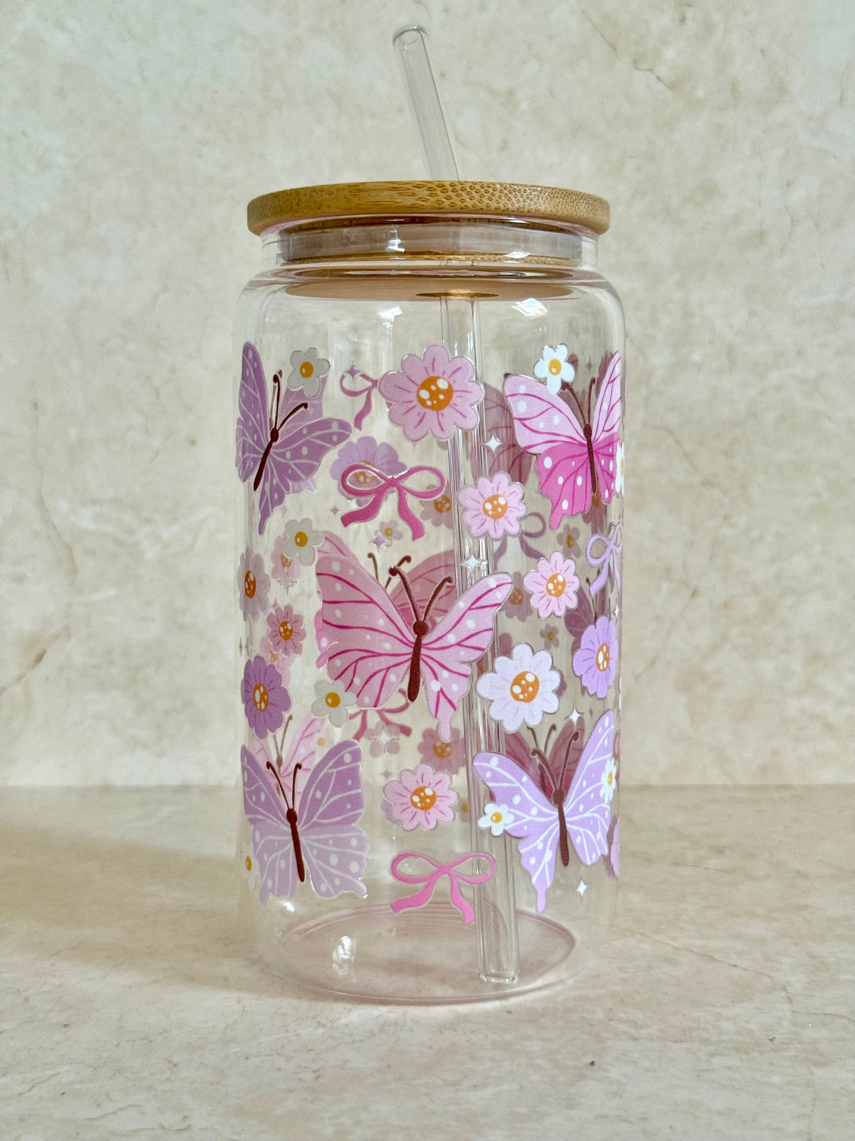 Butterflies Glass Tumbler Pink & Purple +Bamboo Lid & Straw 5