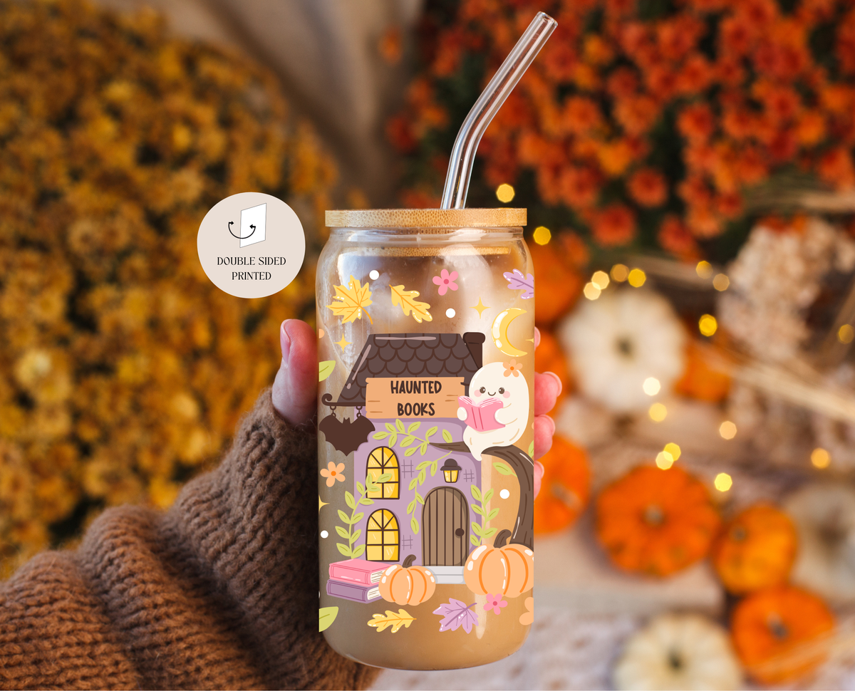 Haunted Books Ghost Glass Tumbler Double Sided + Lid & Straw 2