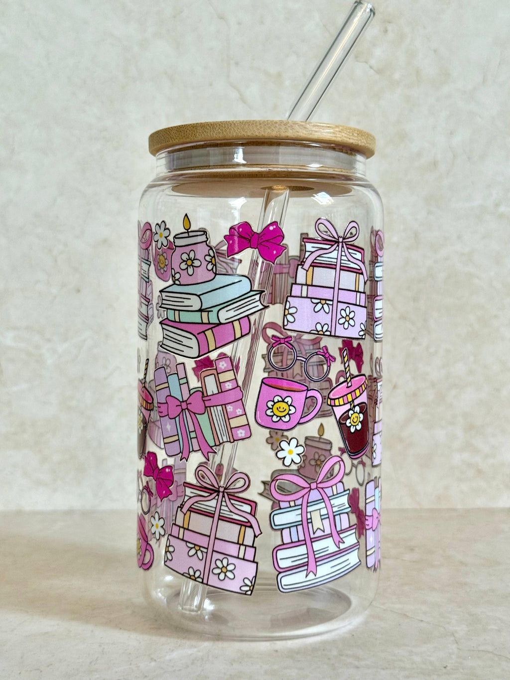 Glass tumbler Coquette Books double sided with lid and straw 3