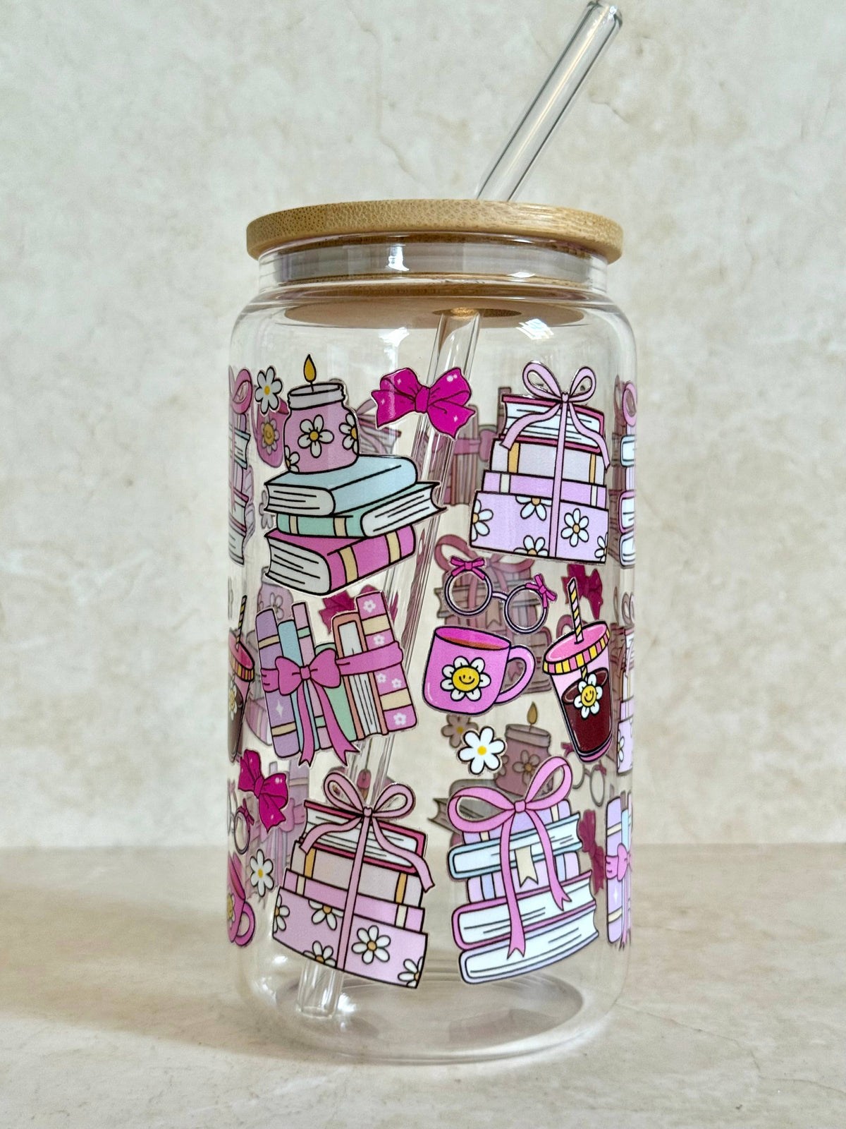 Glass tumbler Coquette Books double sided with lid and straw 3