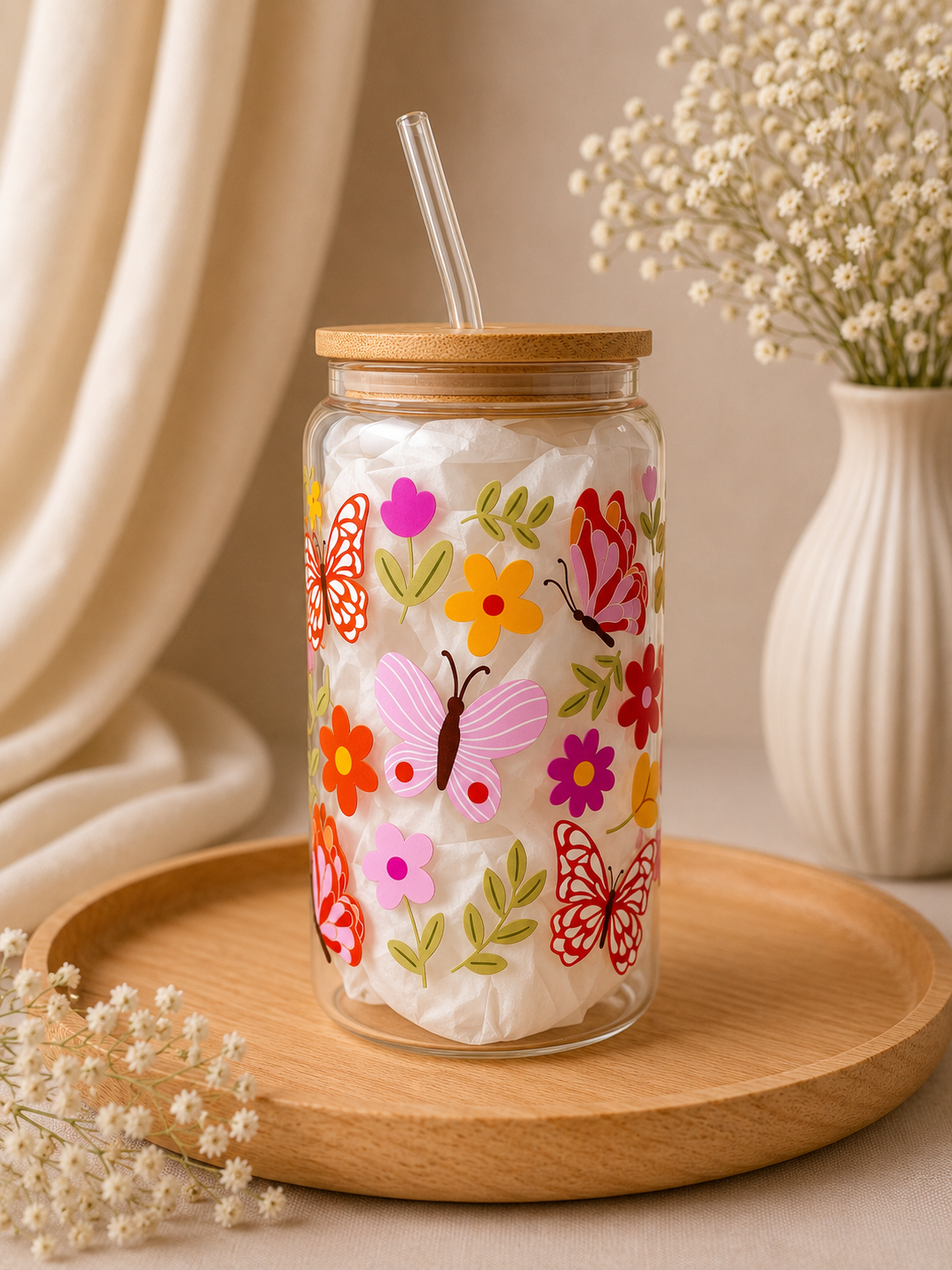 Colorful Butterflies Double Side Glass Tumbler + Lid & Straw 2
