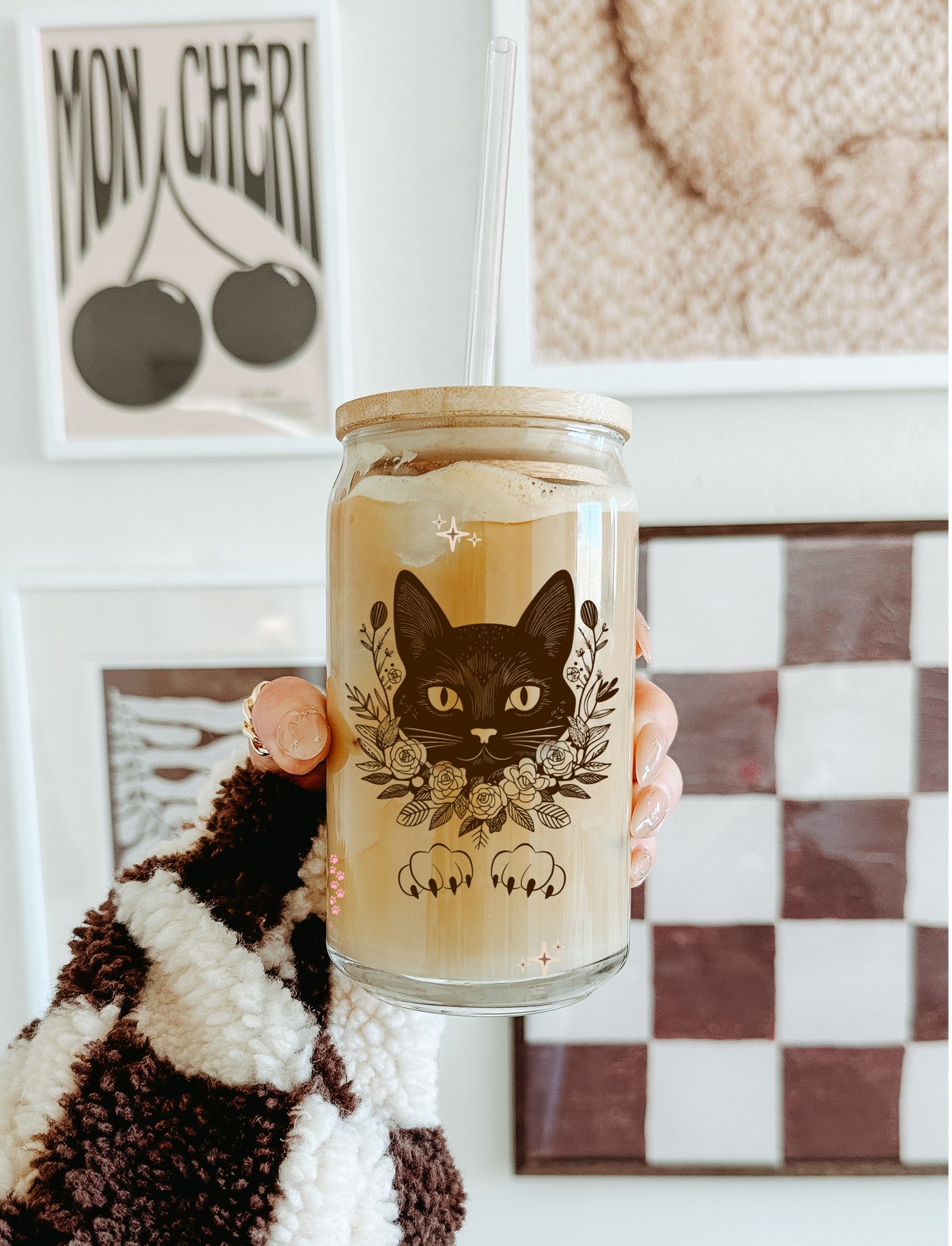 Elegant Cat Glass Tumbler with Bamboo Lid & Glass Straw