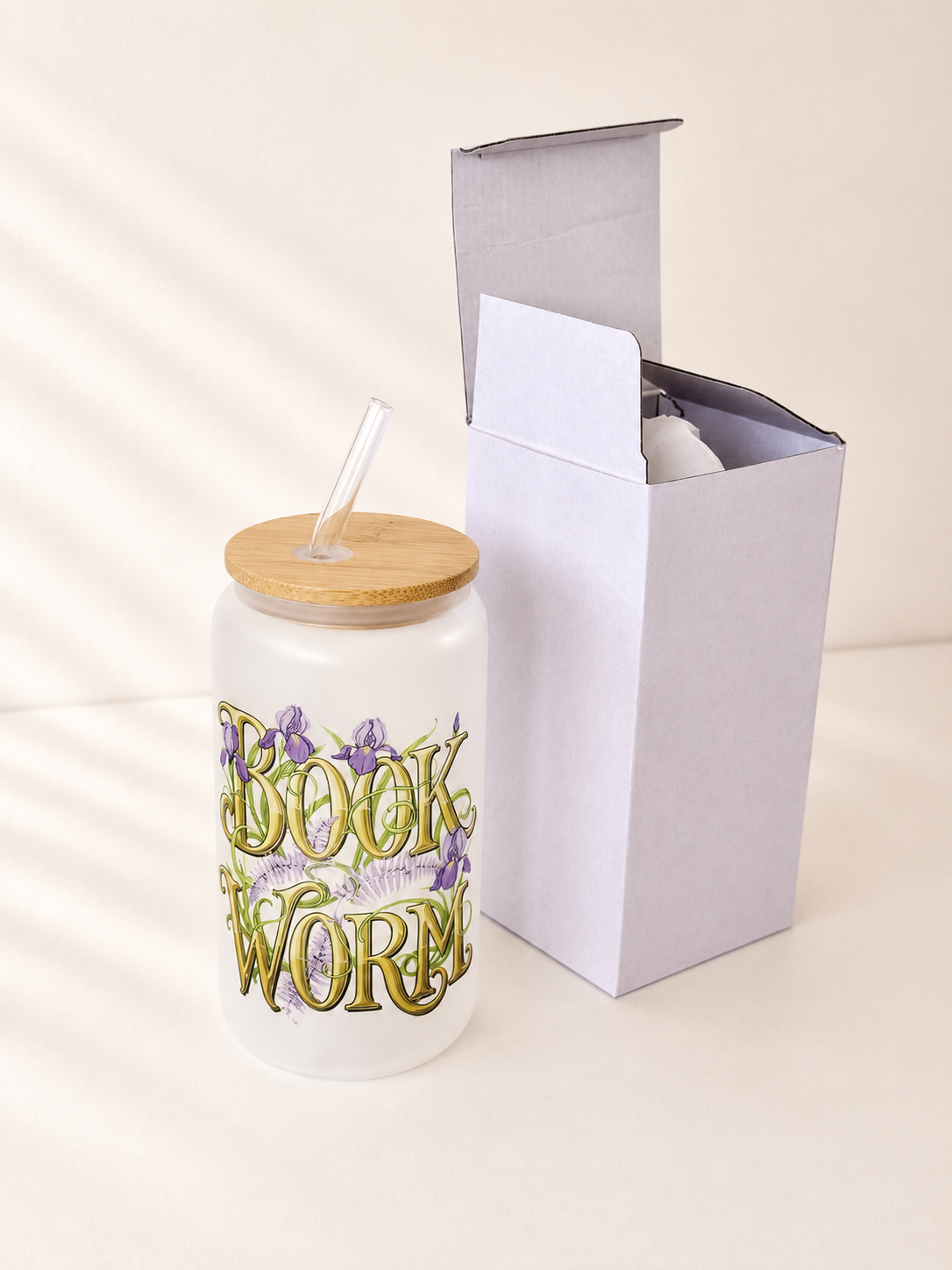 BOOKWORM Frosted Glass Tumbler + Lid & Straw, Dish.Safe 2