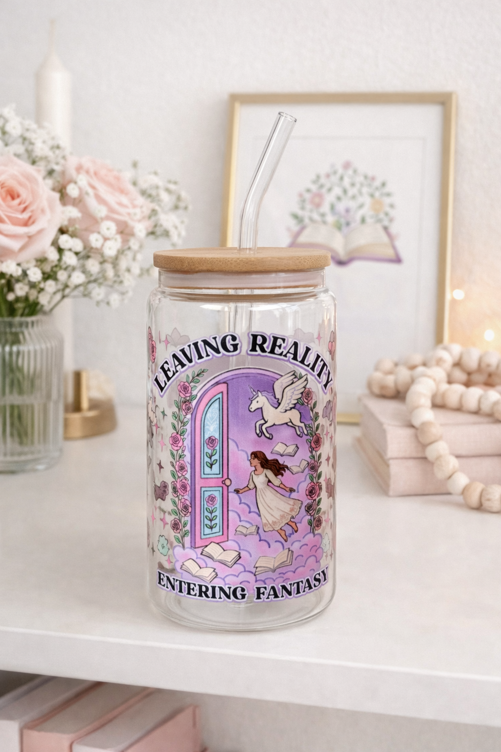 Leaving Reality Entering Fantasy Glass Cup with Lid & Straw