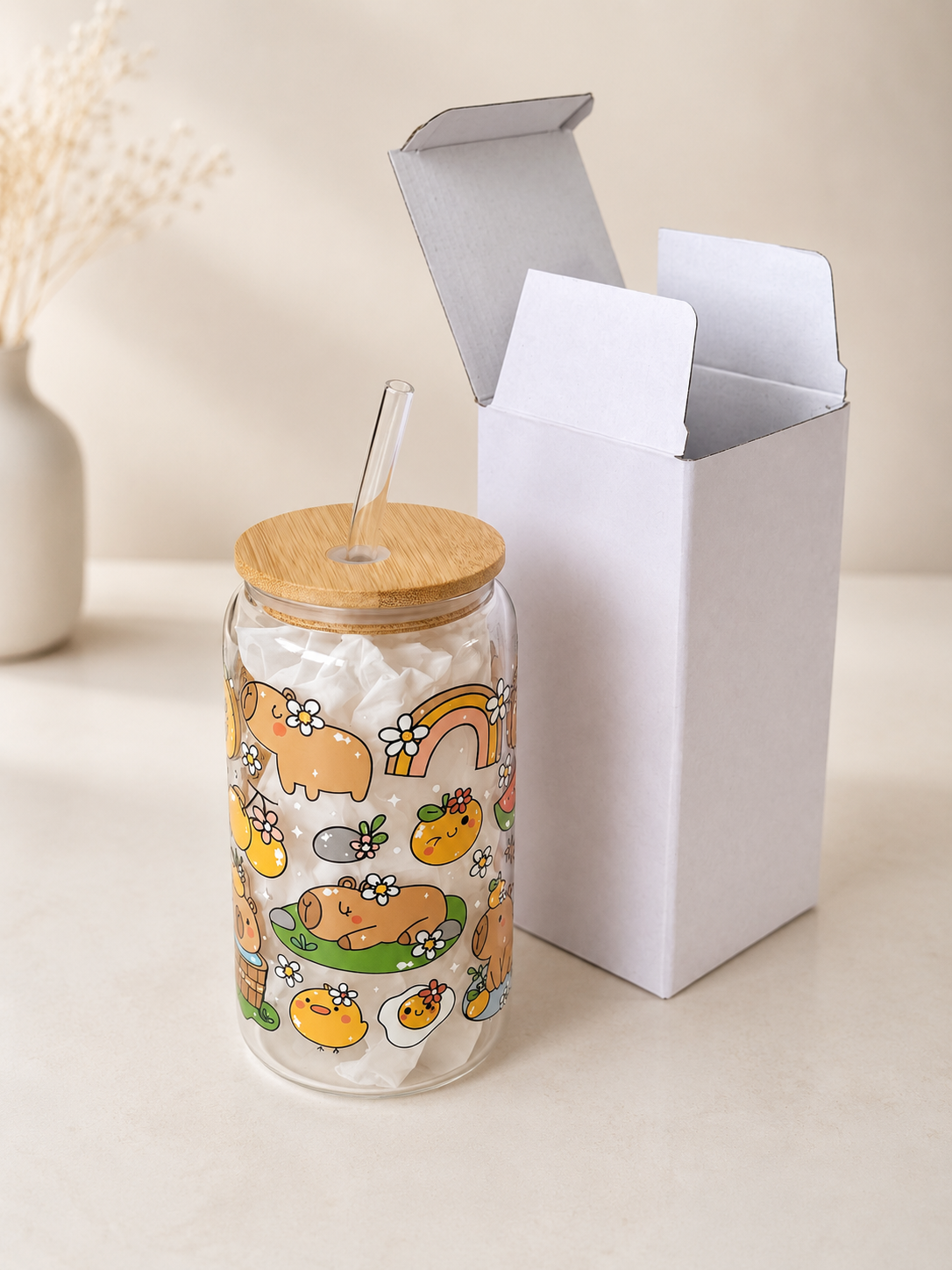 Sunny Capybara Double Sided Glass Tumbler + Lid & Straw 3