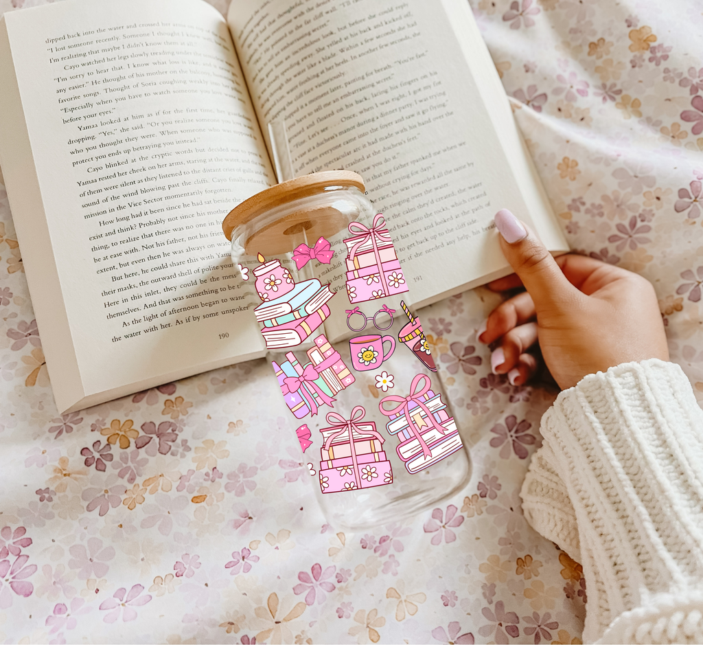 Glass tumbler Coquette Books double sided with lid and straw