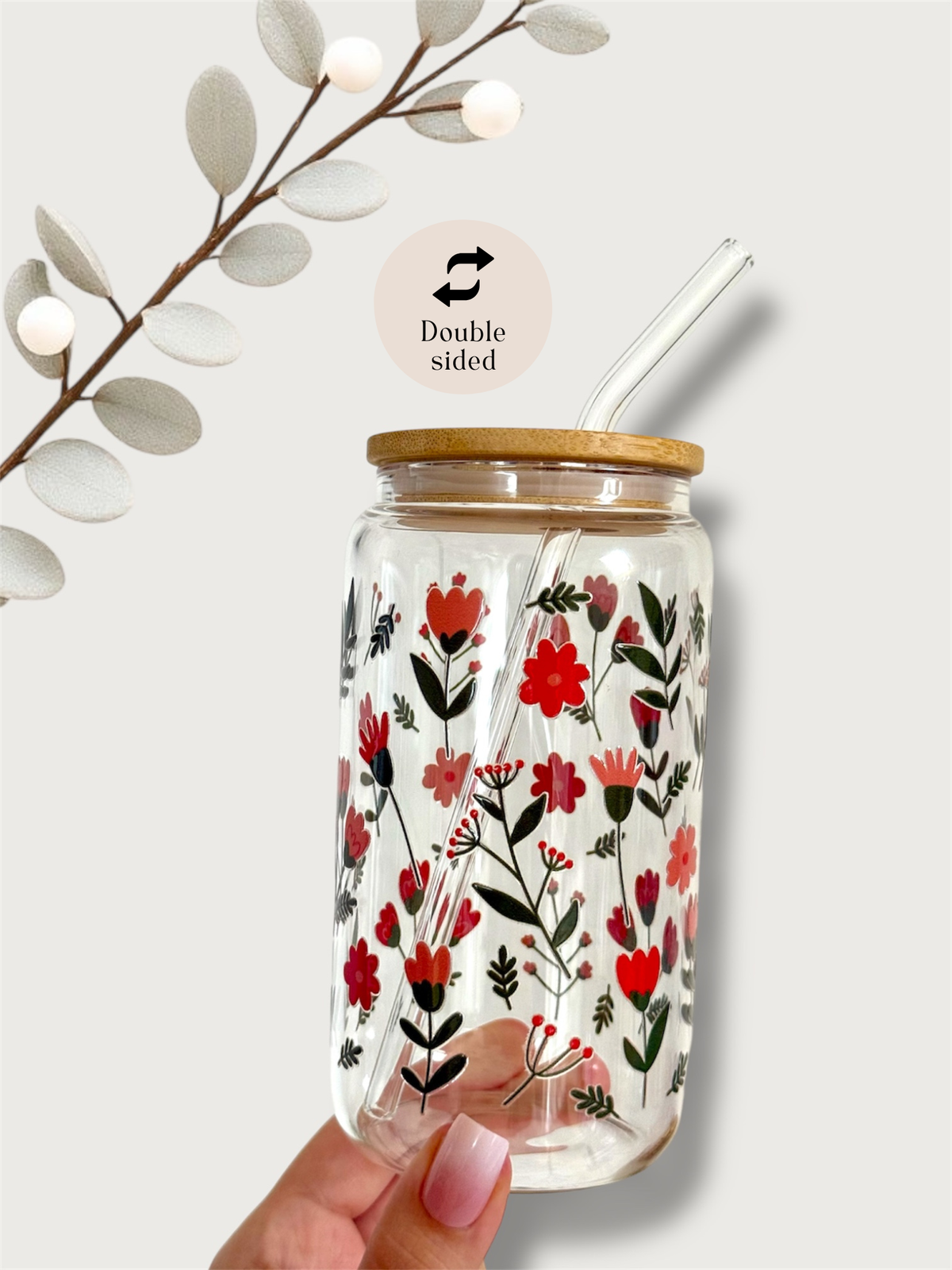Red Flower Garden Glass Tumbler Double Sided Print with Lid and Straw 2