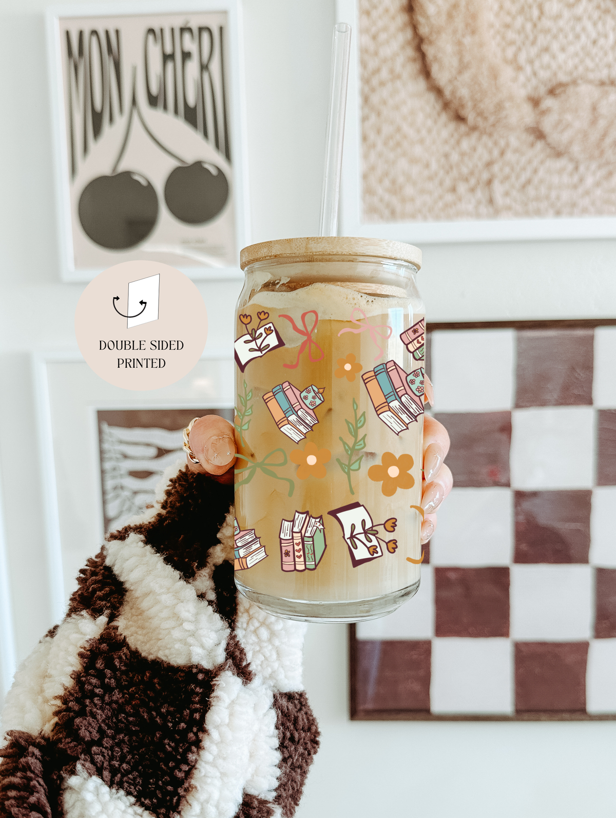 Glass Tumbler Books, Flowers and Bows Double Sided Printed