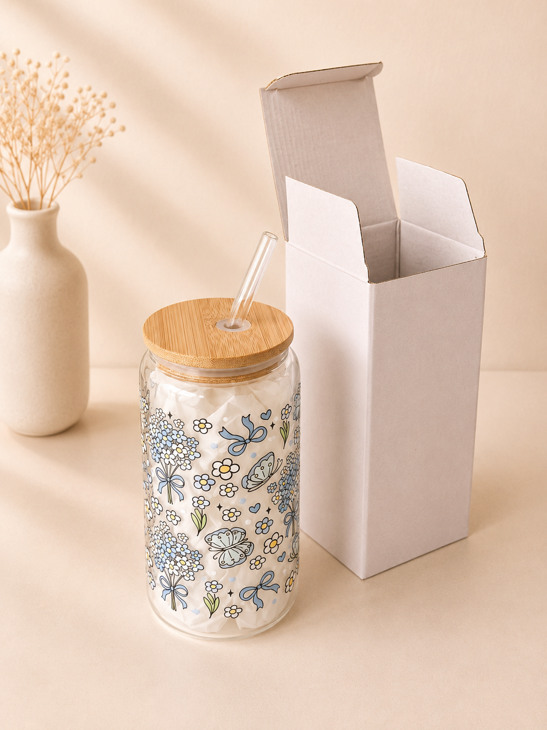 Blue Garden Double Sided Glass Tumbler + Lid & Straw 2