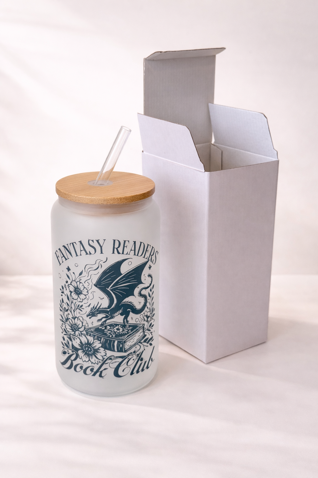 Fantasy Readers 2 Dish.Safe Frosted Glass Cup + Lid & Straw 2