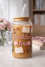 Bookish Mom Double Sided Glass Tumbler with Lid and Straw