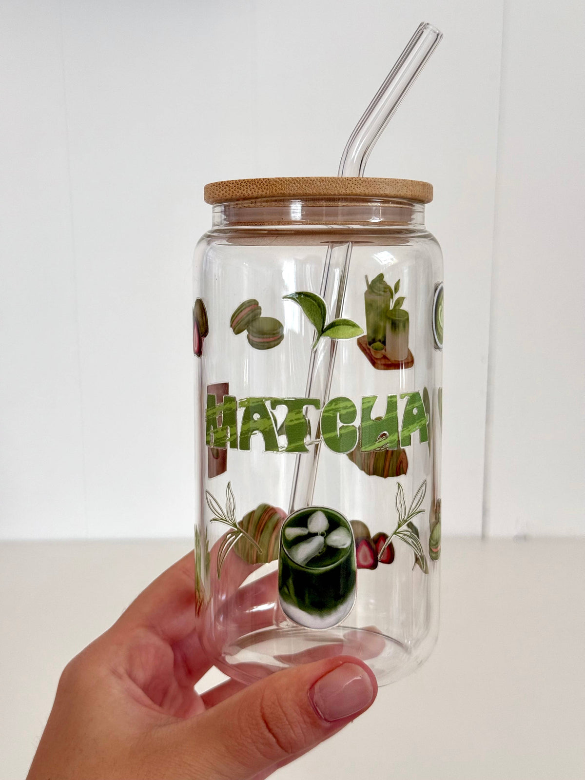 Matcha Glass Tumbler Double Sided Print with Lid and Straw 6