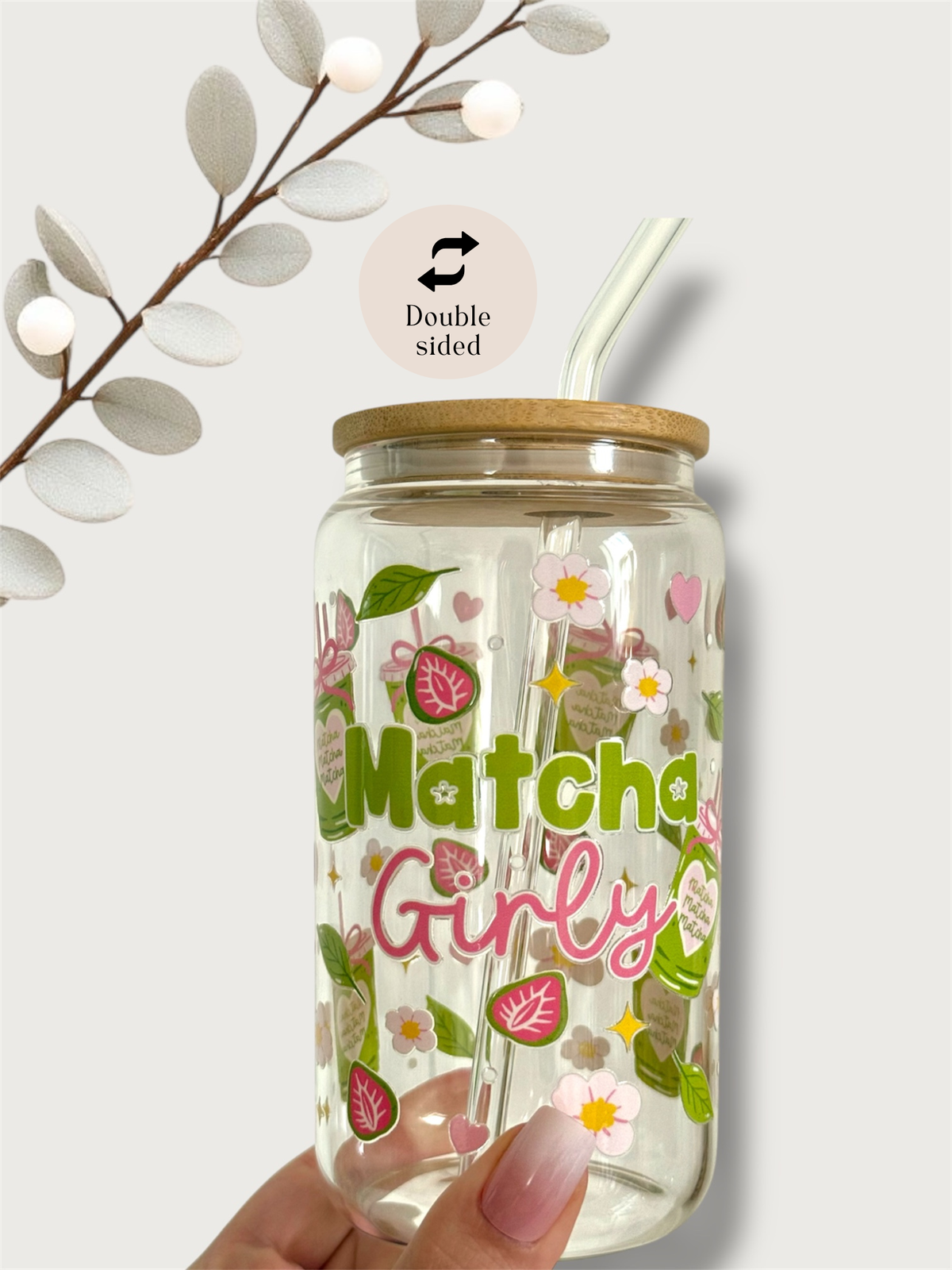 Matcha Girly Glass Tumbler Double Sided Print with Lid and Straw 2