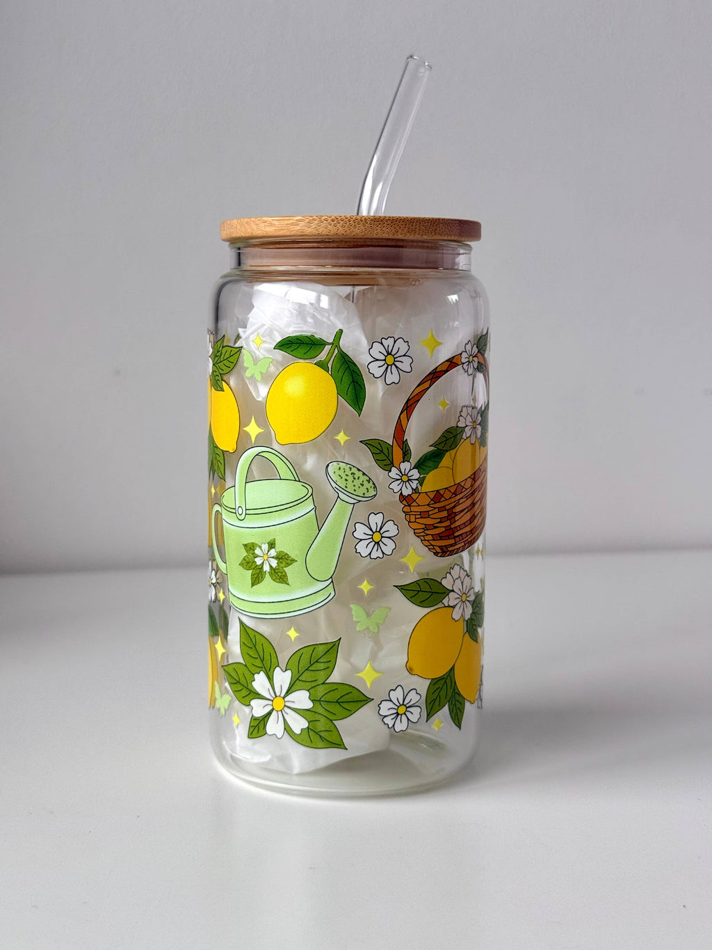 Lemon Garden Double Sided Glass Tumbler with Lid and Straw 3