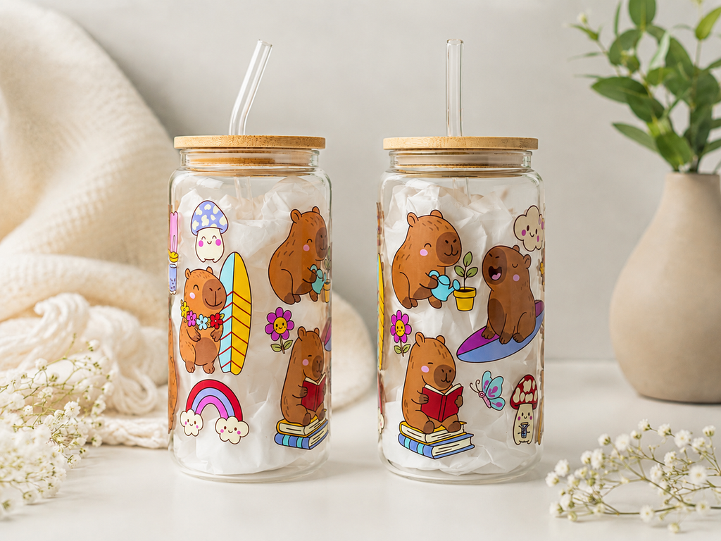 Fairy Capybaras Double Sided Glass Tumbler + Lid & Straw 2