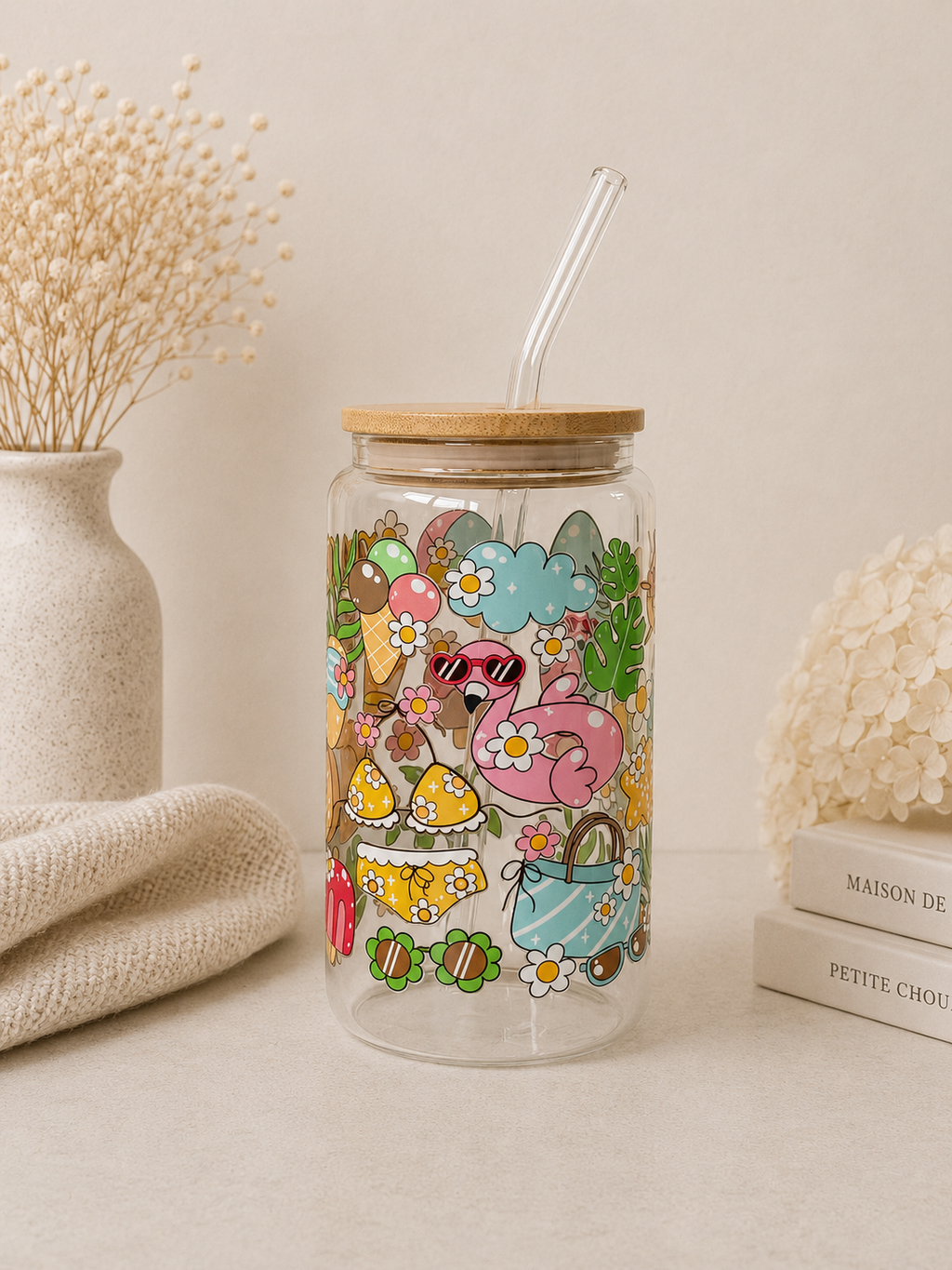 Summer Party Double Side Print Glass Tumbler + Lid & Straw