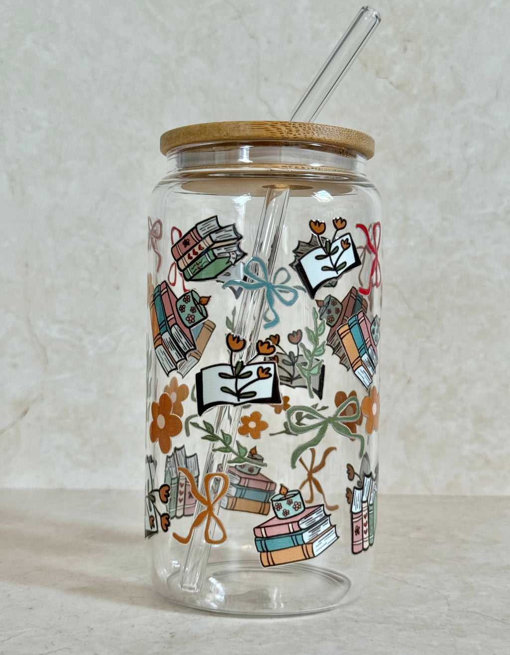 Glass Tumbler Books, Flowers and Bows Double Sided Printed 6