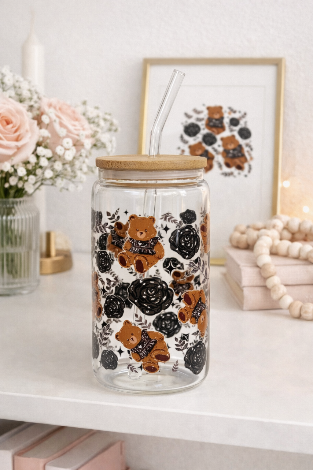 Noir Teddy Bear & Roses Double Sided Glass Cup + Lid & Straw