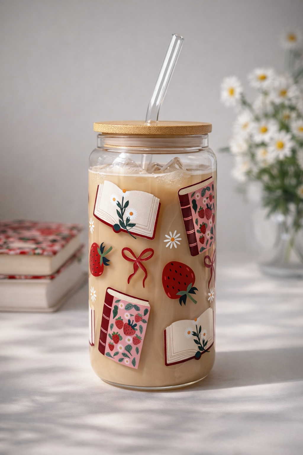 Fruity Books (3 options) Glass Tumbler with Lid and Straw 4
