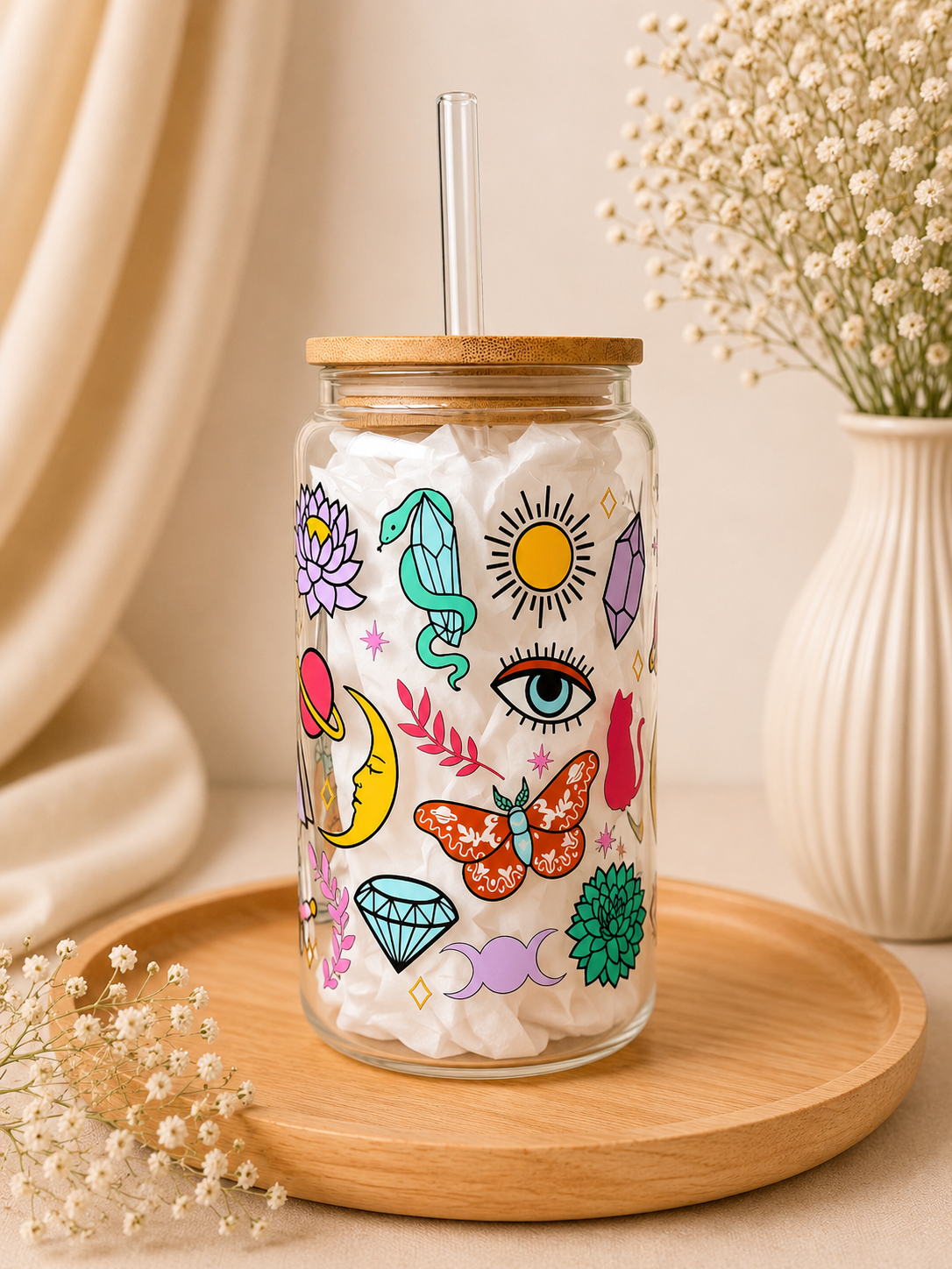 Mistic Double Sided Glass Tumbler with Lid and Straw 2