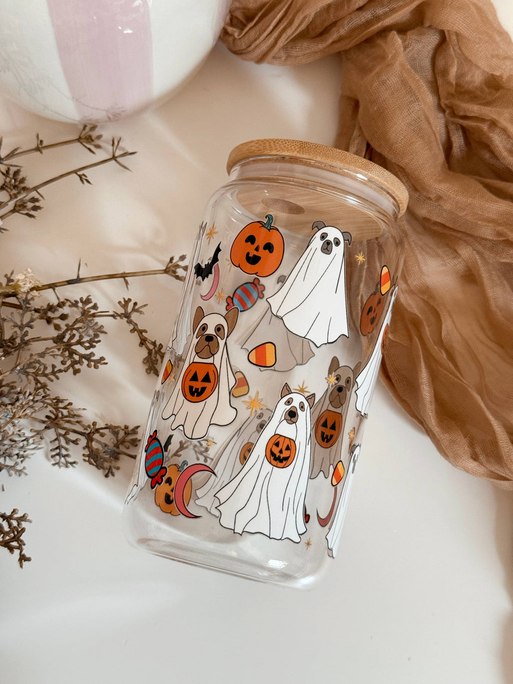 Dog Ghosts Fall Glass Tumbler Double Sided + Lid & Straw 4