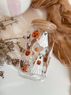 Dog Ghosts Fall Glass Tumbler Double Sided + Lid & Straw 4
