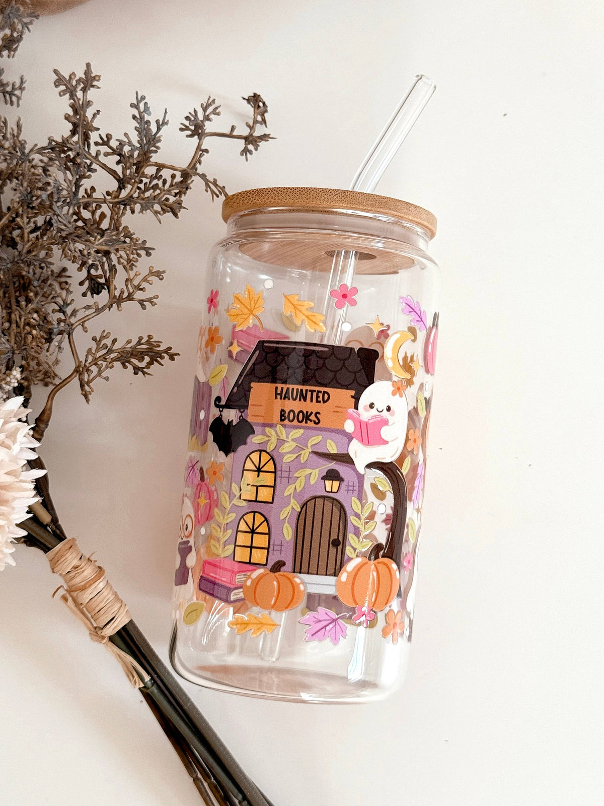 Haunted Books Ghost Glass Tumbler Double Sided + Lid & Straw