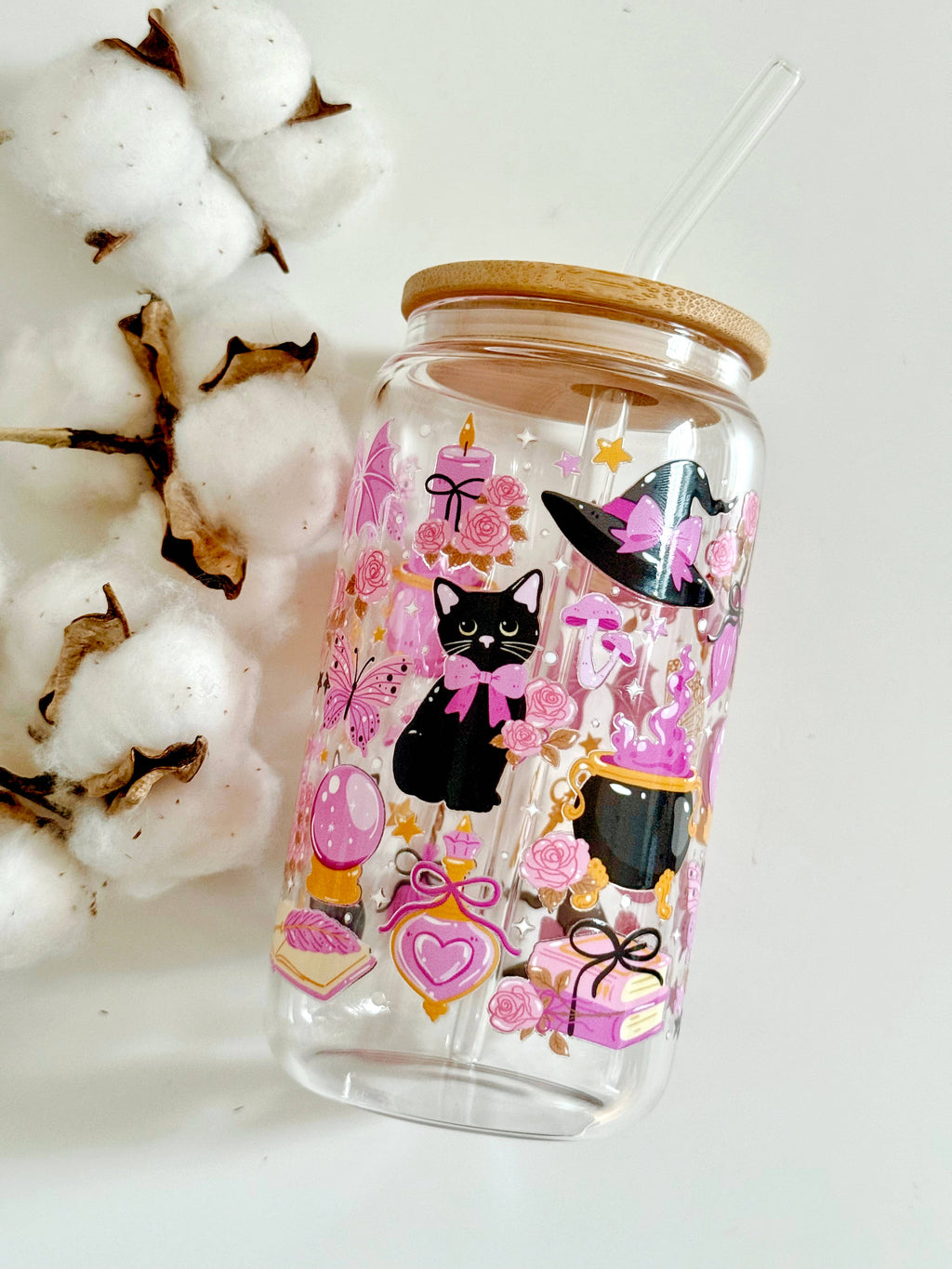 Witchy Cat Glass Tumbler Double Sided Print with Lid and Straw 2