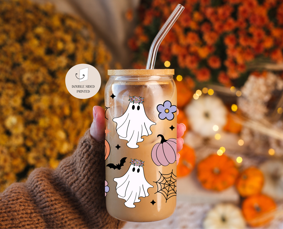 Ghosts, Pumpkins & Bats Floral Glass Tumbler + Lid & Straw