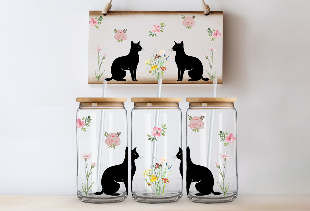 Cat Flowers Glass Tumbler 3 options Bamboo Lid & Glass Straw 8