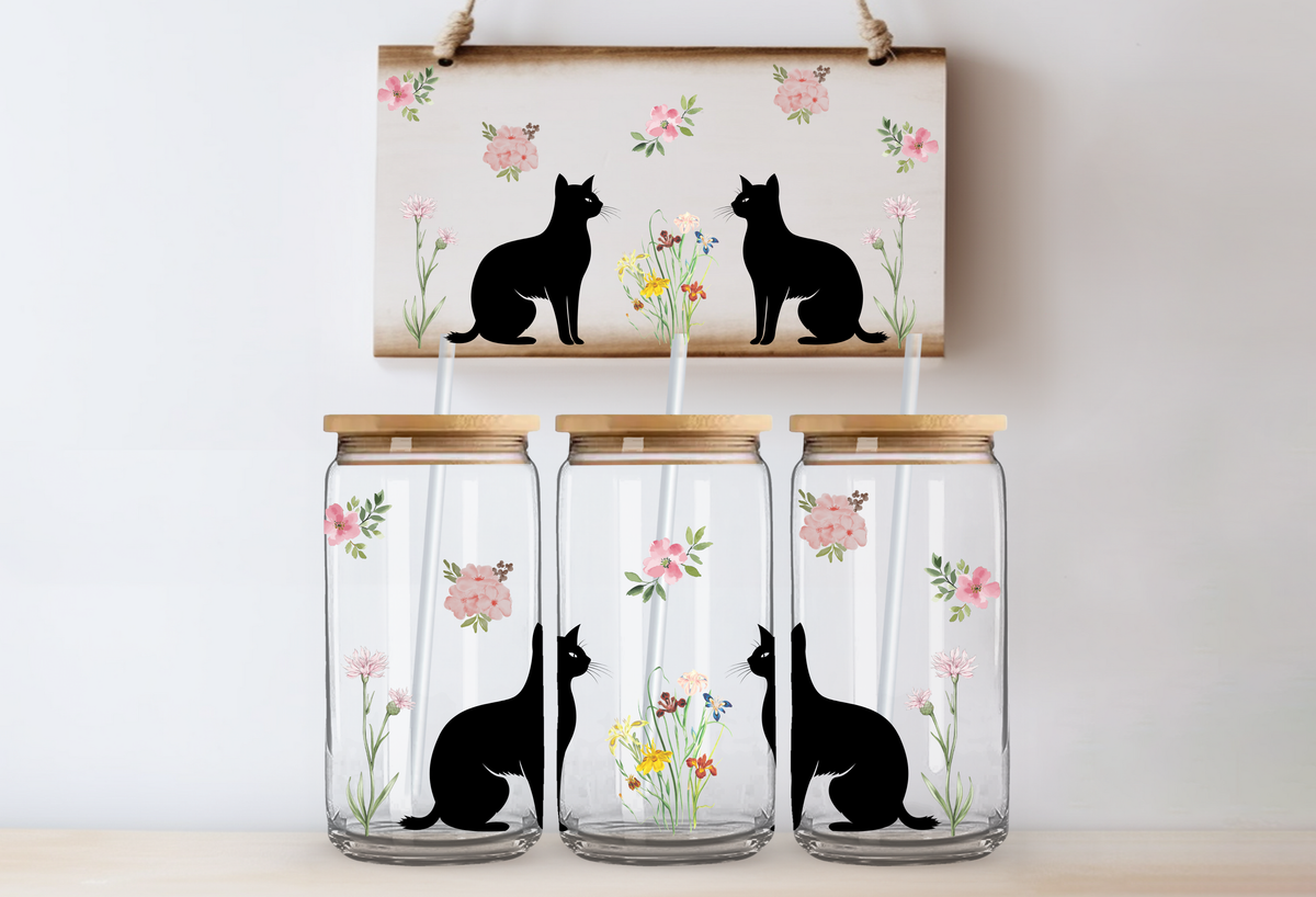 Cat Flowers Glass Tumbler 3 options Bamboo Lid & Glass Straw 8