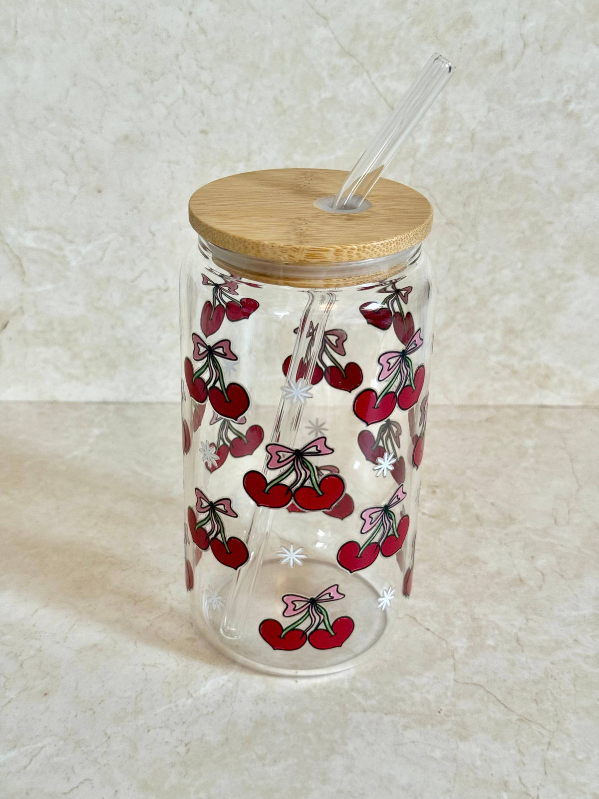Cherry Bows Glass Tumbler double sided with lid and straw 3